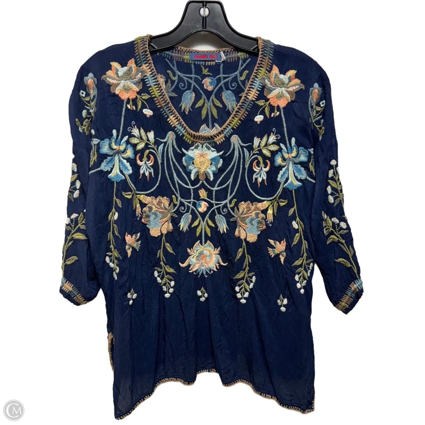 Embroidered Top 3/4 Sleeve By Johnny Was In Navy, Size: Xs