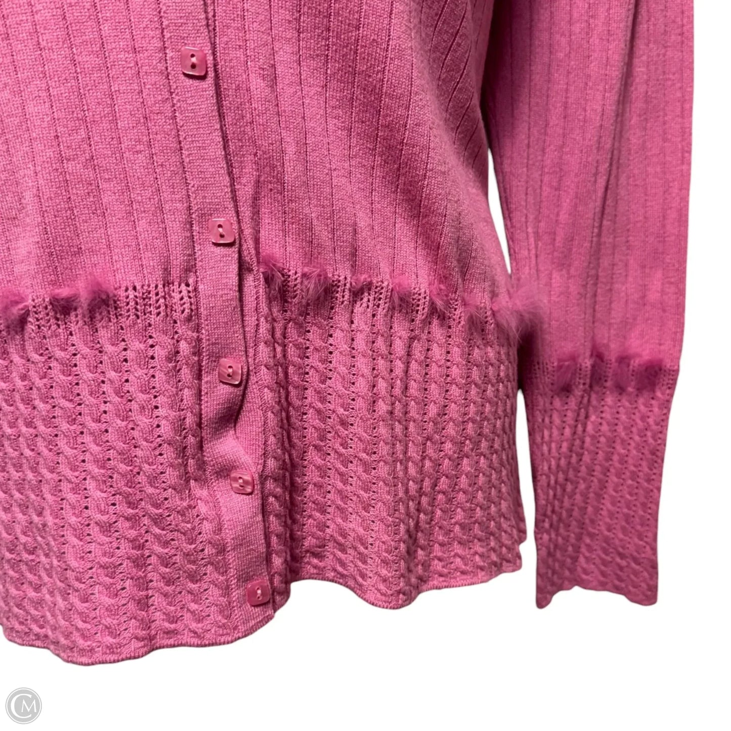 Cashmere Blend Rabbit Fur Trim Ribbed Cardigan Sweater Designer By Escada In Pink, Size: M (40 EU)