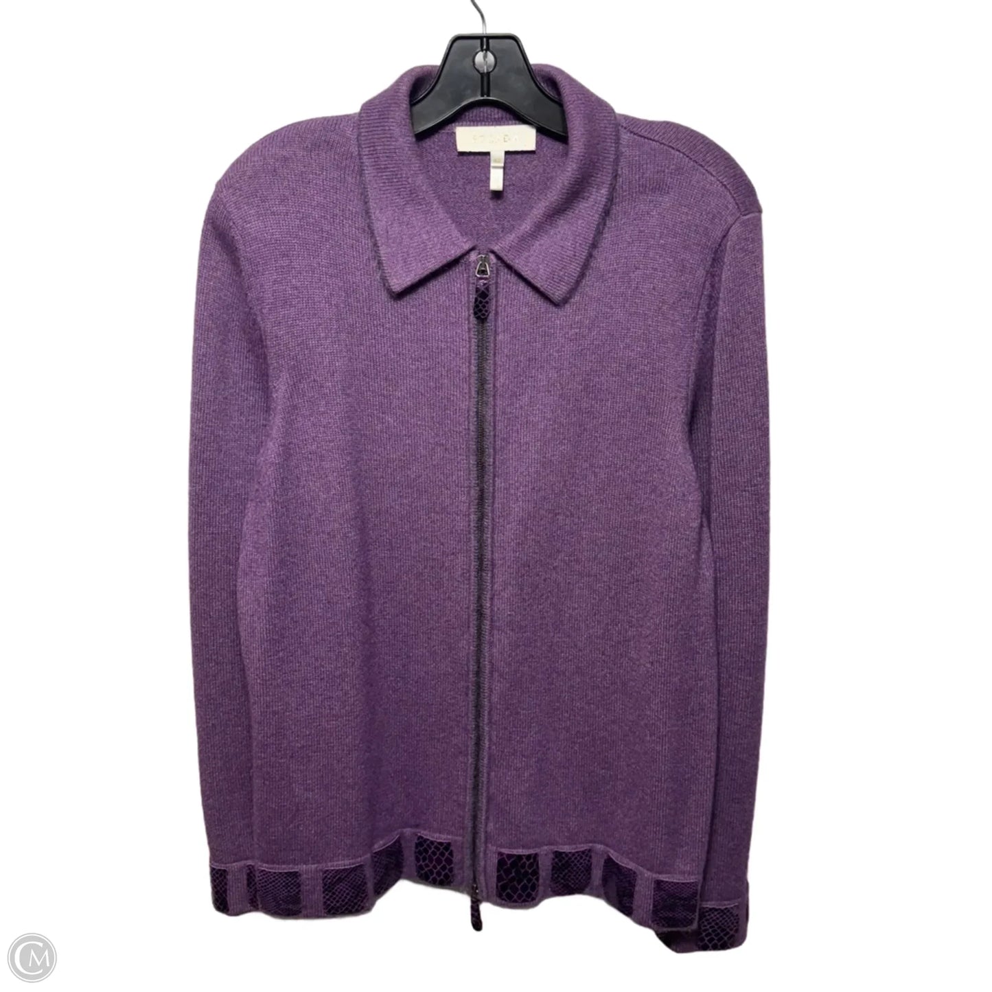 Cashmere Blend Zip Front Cardigan Sweater With Snakeskin Embellishment Designer By Escada In Purple, Size: L (42 EU)
