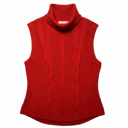 Cable Knit Turtleneck Sleeveless Sweater Designer By Escada In Orange, Size: L (42 EU)