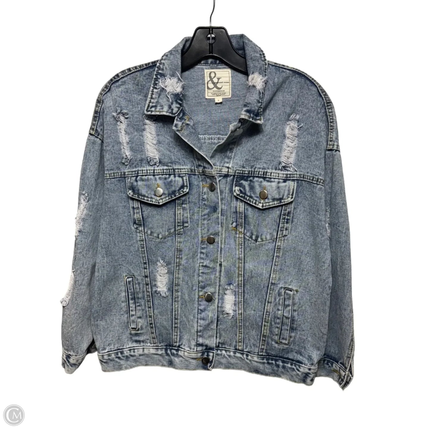 Embellished Sunflower Distressed Denim Trucker Jacket By Ampersand Avenue In Blue Denim, Size: S