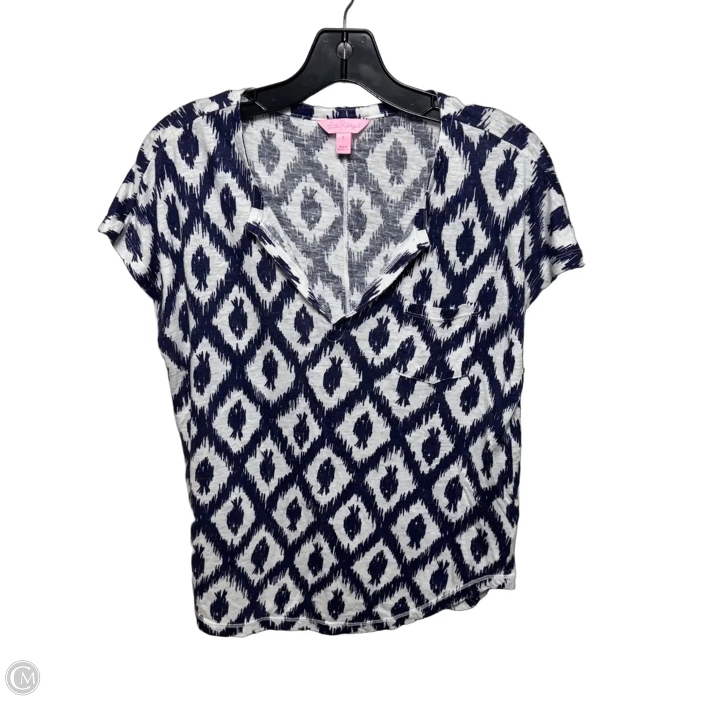 Linen Top Short Sleeve Designer By Lilly Pulitzer In Blue & White, Size: S