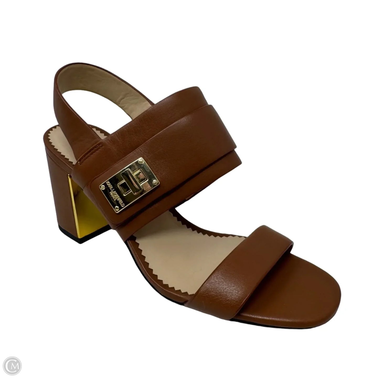 Jaylynn Block Heel Slingback Sandals Designer By Karl Lagerfeld In Brown, Size: 6.5