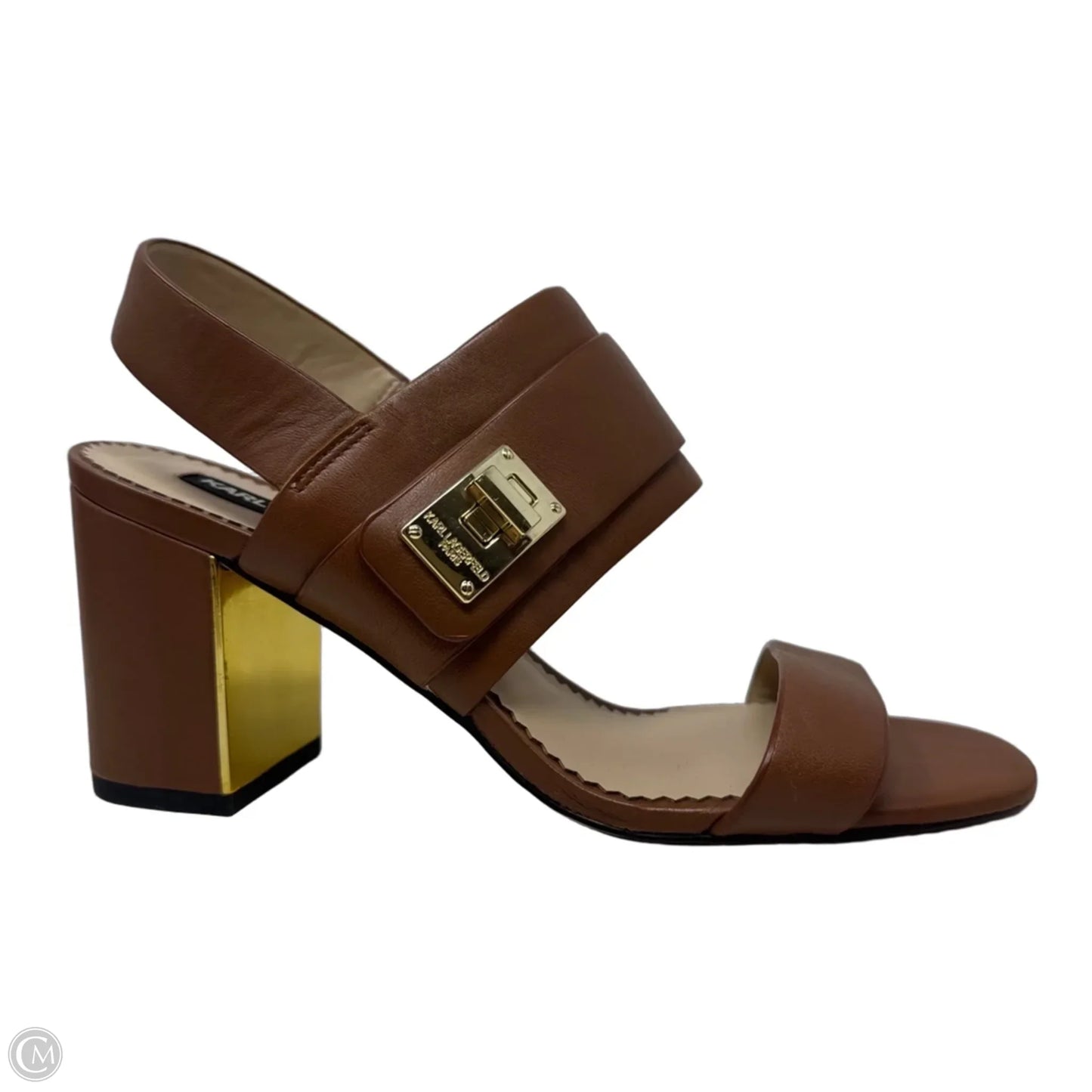 Jaylynn Block Heel Slingback Sandals Designer By Karl Lagerfeld In Brown, Size: 6.5