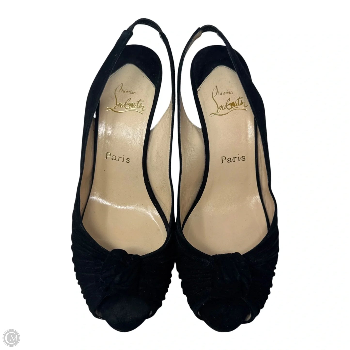 Suede Slingback Wedge Peep Toe Pumps Luxury Designer By Christian Louboutin In Black, Size: 10 (40.5)