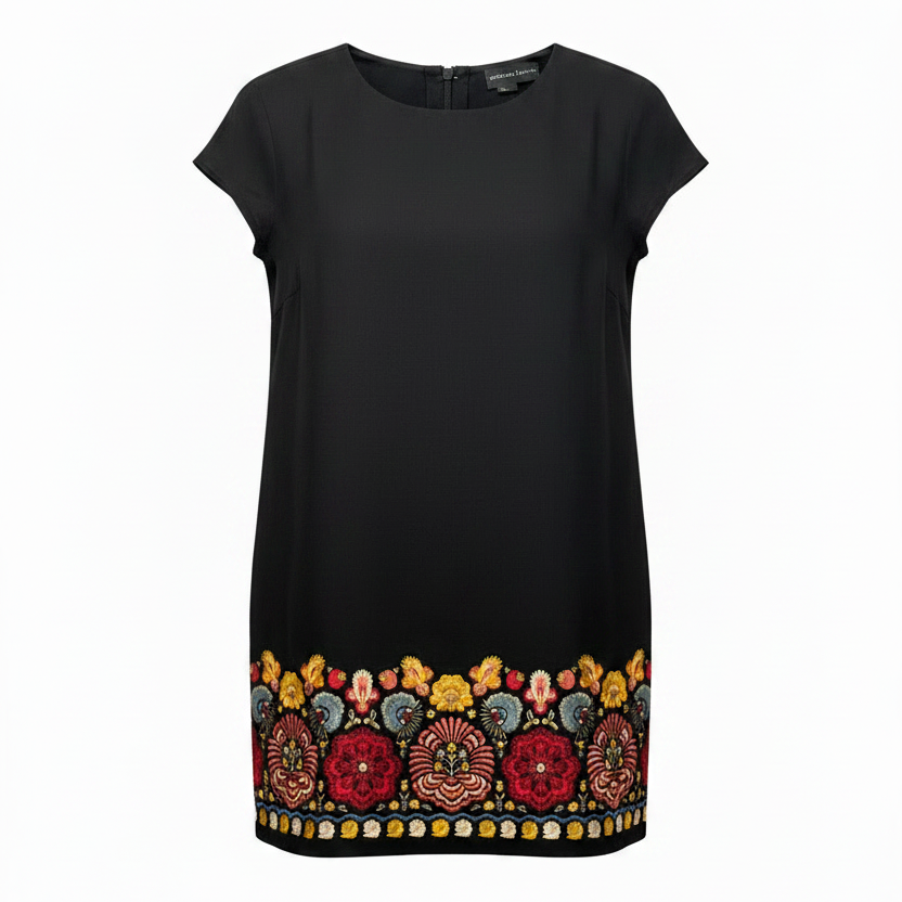 Vintage Embroidered Hem Linen Midi Dress By Andrea Jovine In Black, Size: 8