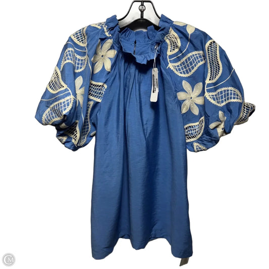Embroidered Sleeve Blouse Short Sleeve By Glam In Blue & Cream, Size: L