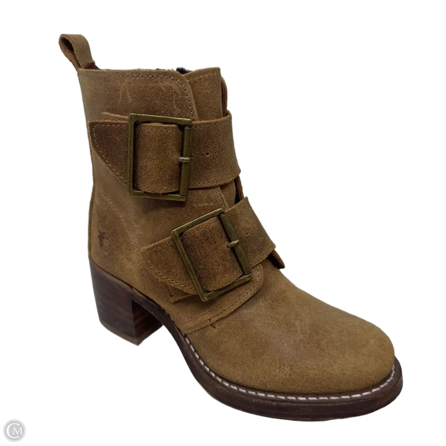 Sabrina Double Buckle Boots Designer By Frye In Tan, Size: 5.5