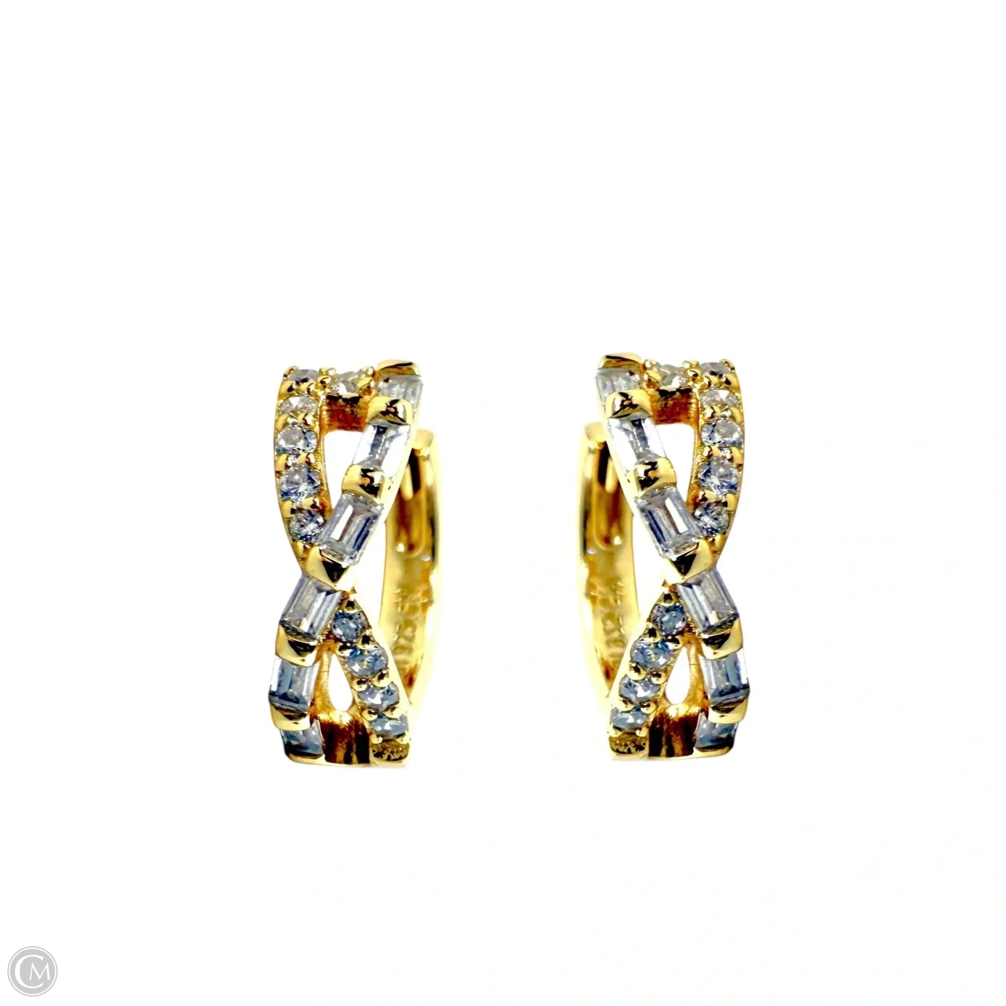 Gold Over Sterling Silver Crystal Hinged Huggie Hoop Earrings