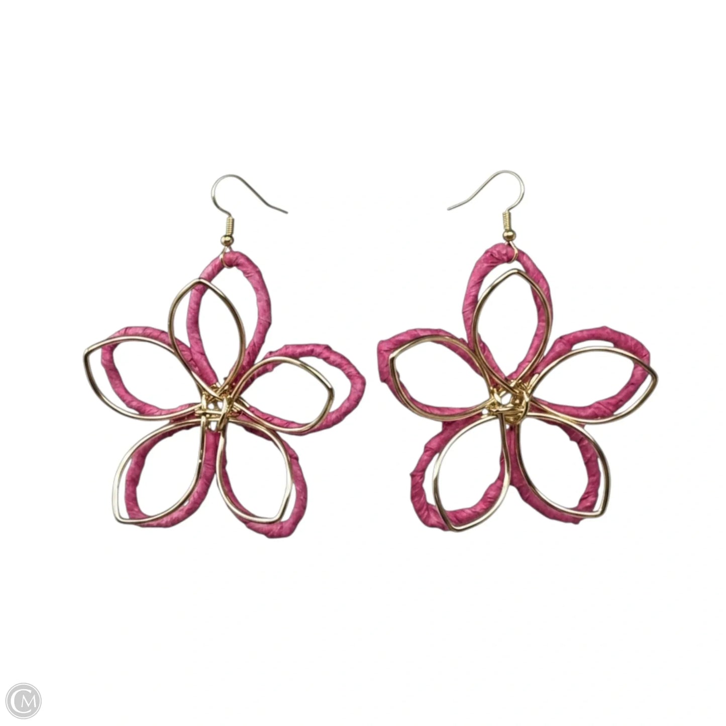 Gold Tone & Pink Wrapped Wire Flower Earrings