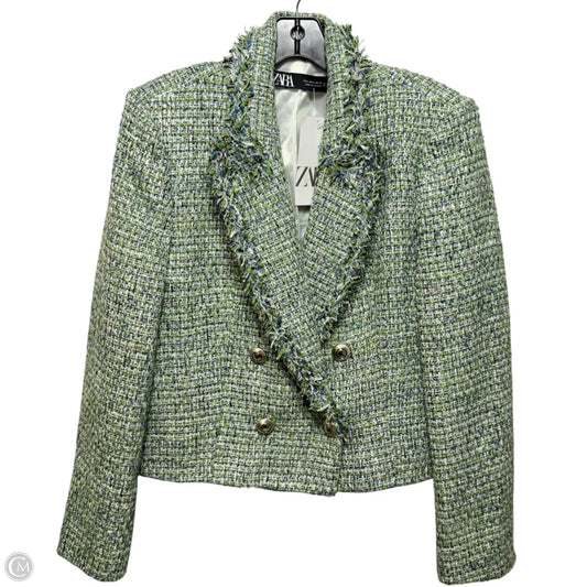 Tweed Cropped Blazer By Zara In Blue & Green, Size: M