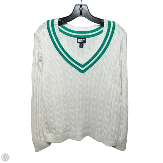 Cotton Sweater By Lands End In Green & White, Size: L