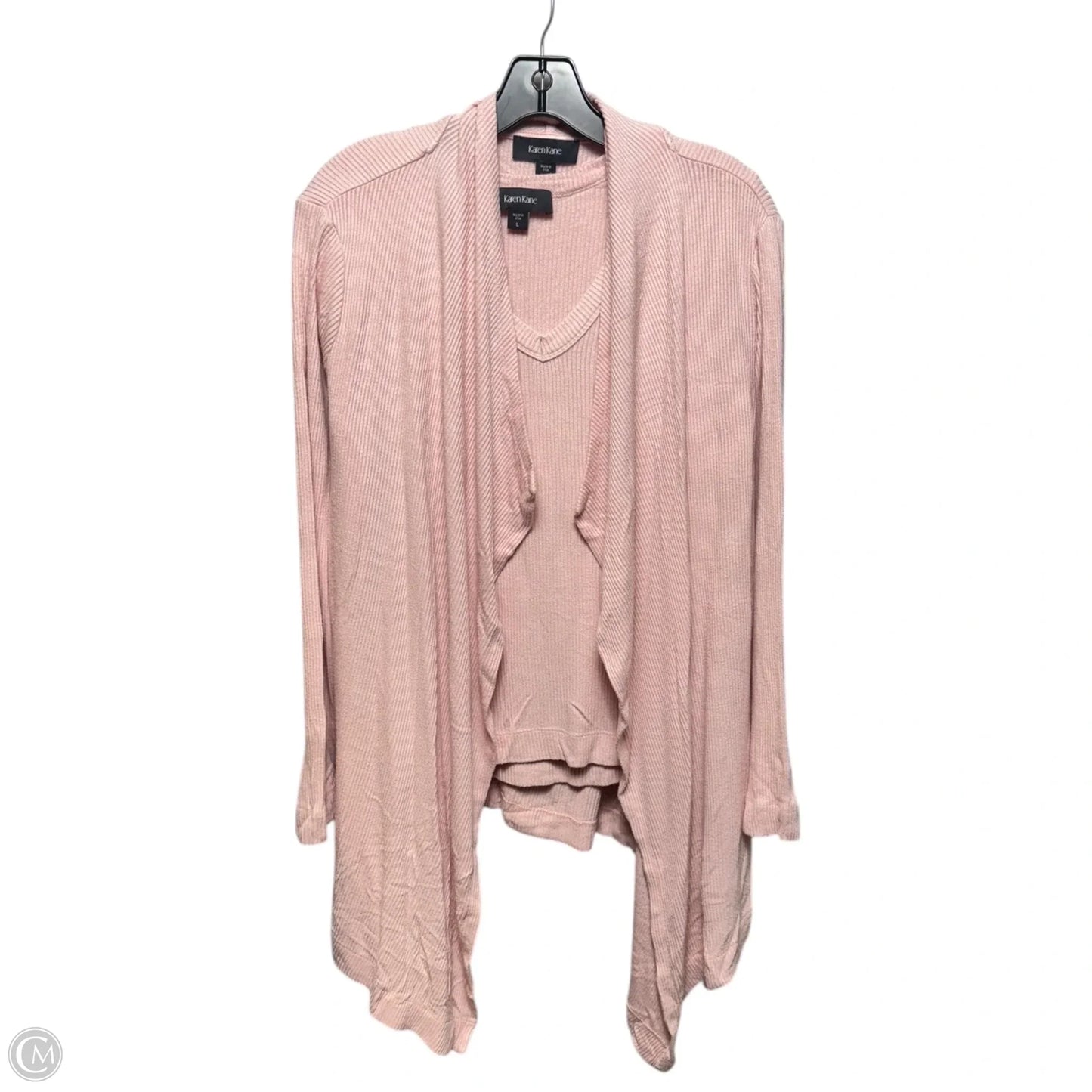 Long Sleeve Ribbed Drape Front Cardigan & Ribbed V Neck Top 2pc By Karen Kane In Pink, Size: L
