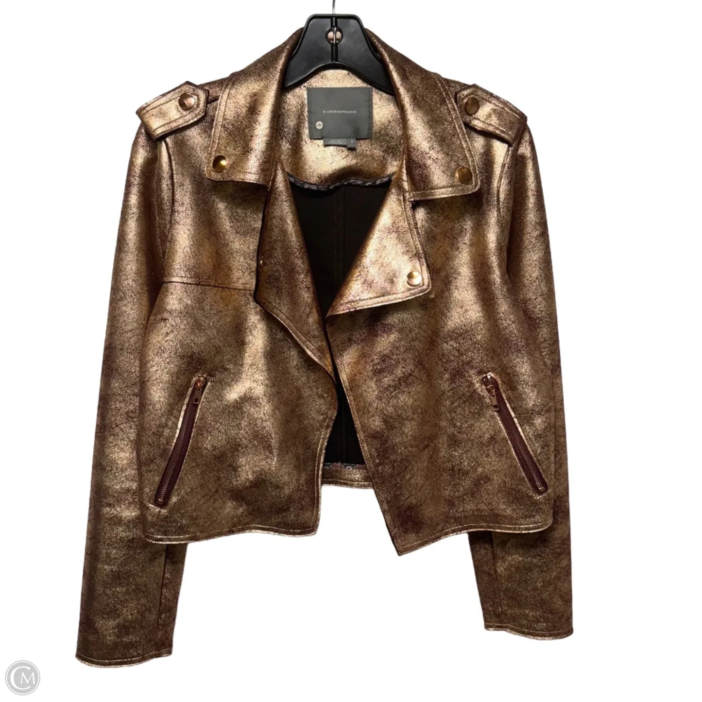 Brisa Metallic Cropped Faux Leather Moto Jacket By Anthropologie In Rose Gold, Size: M