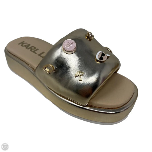 Opal Charm Metallic Slide Sandals Designer By Karl Lagerfeld In Gold, Size: 6.5