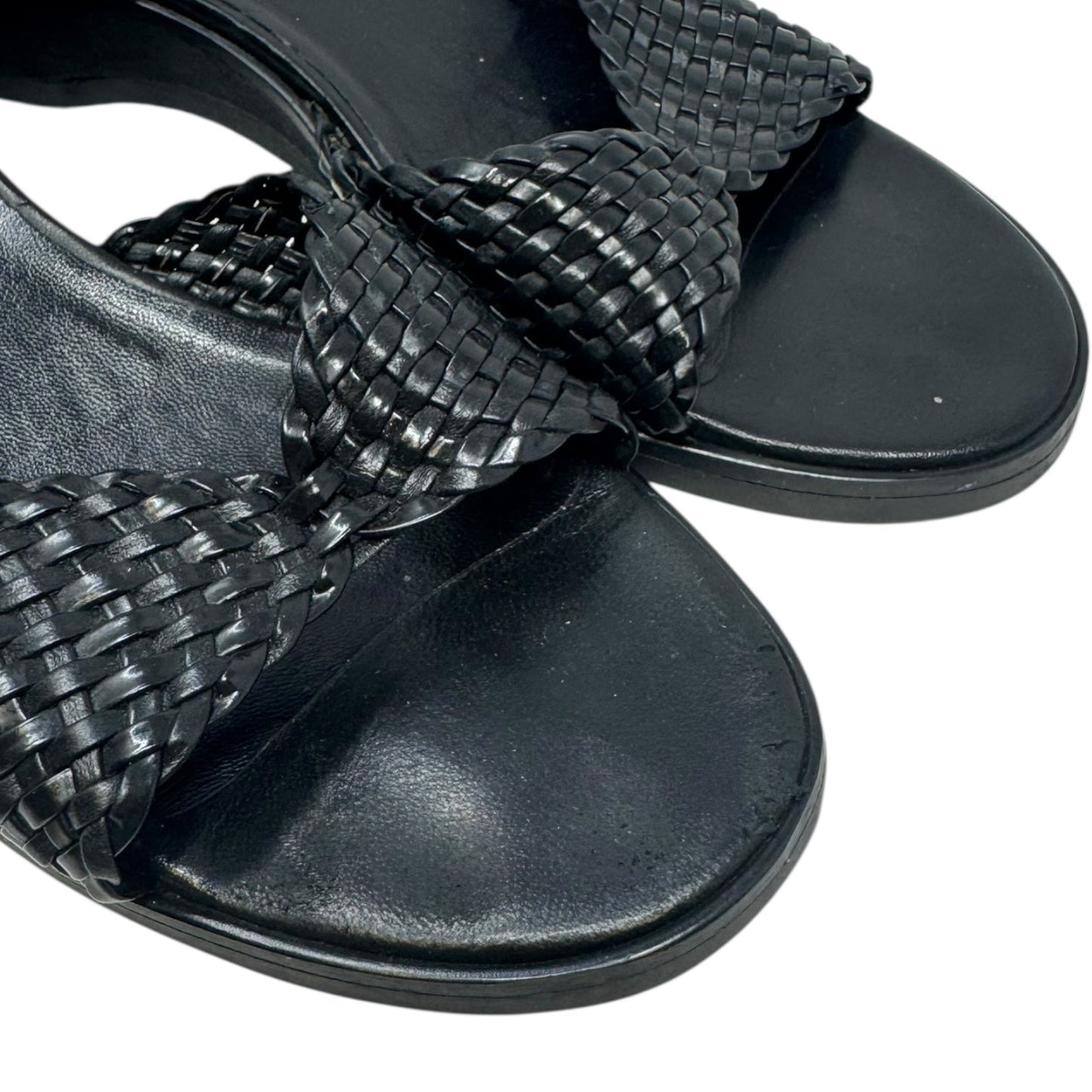 Woven Leather Ankle Strap Wedge Sandals Designer By Ferragamo In Black, Size: 9