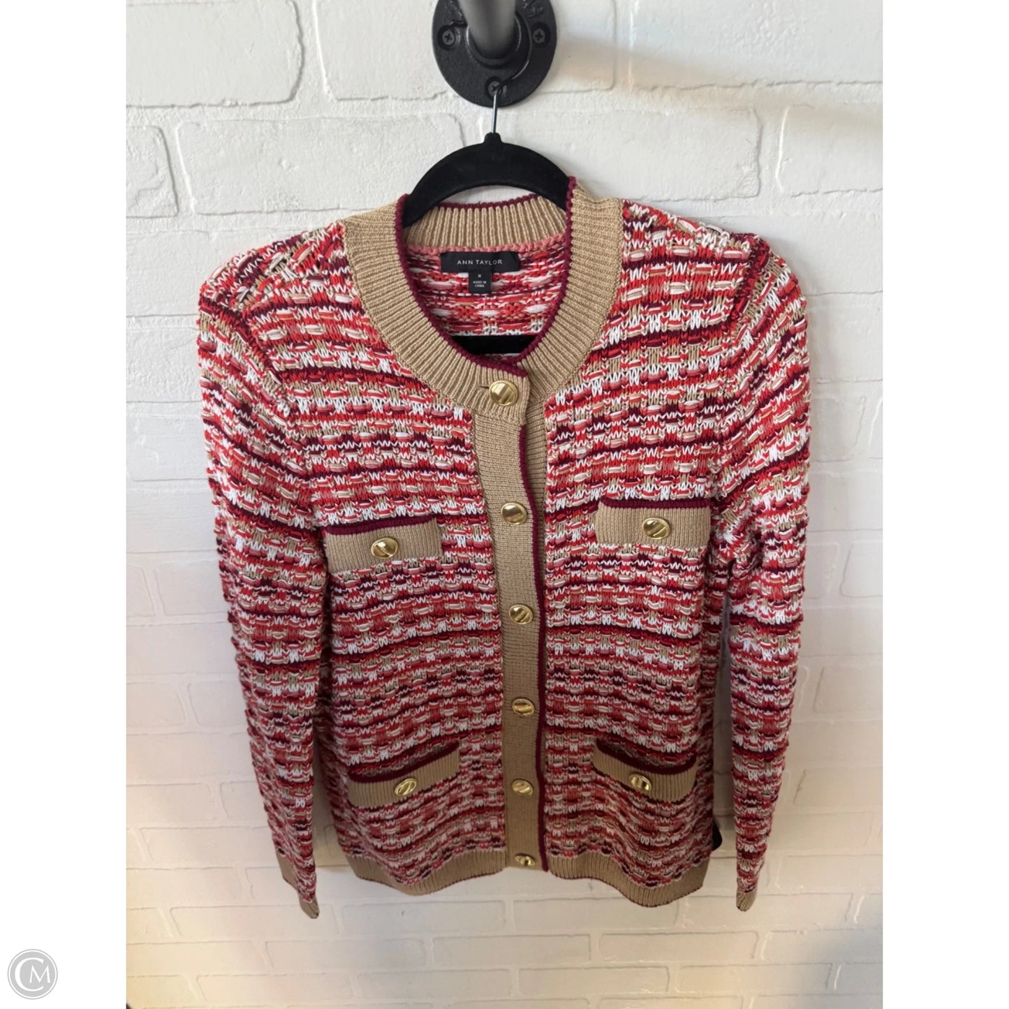 Sweater Cardigan By Ann Taylor In Orange & Tan, Size: M