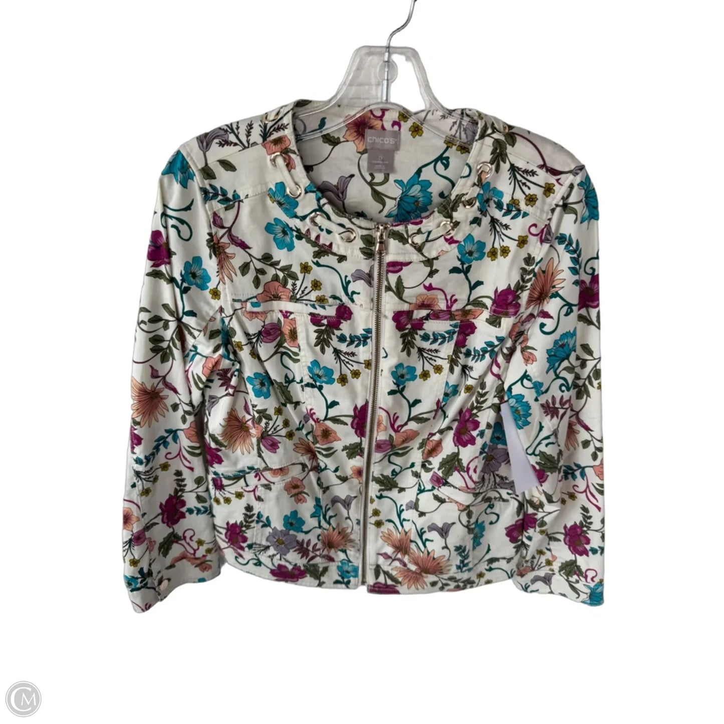 Jacket Denim By Chicos In Cream & Pink, Size: S
