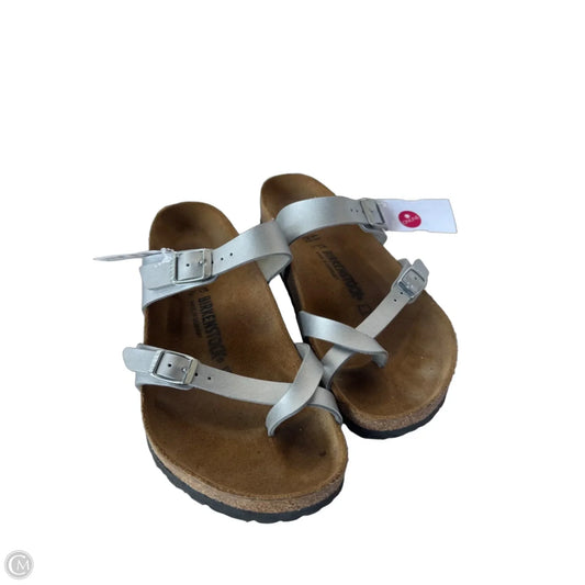 Sandals Flats By Birkenstock In Silver, Size: 10
