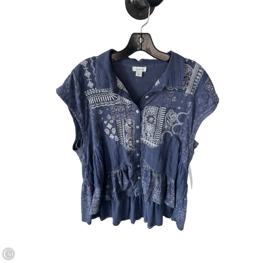 Blouse Short Sleeve By Sundance In Blue & White, Size: L