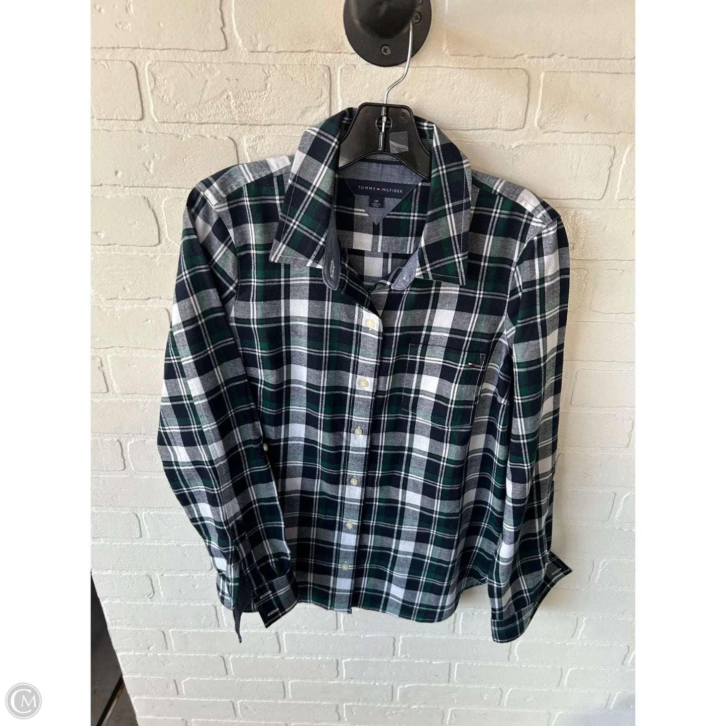 Top Long Sleeve By Tommy Hilfiger In Green & White, Size: S