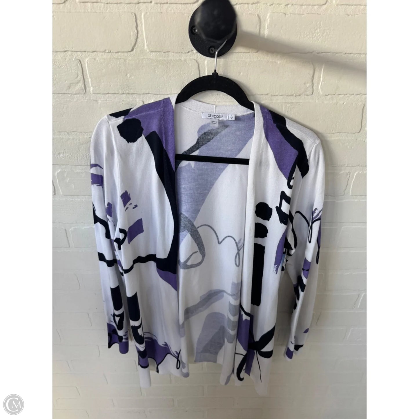 Sweater Cardigan By Chicos In Purple & White, Size: M