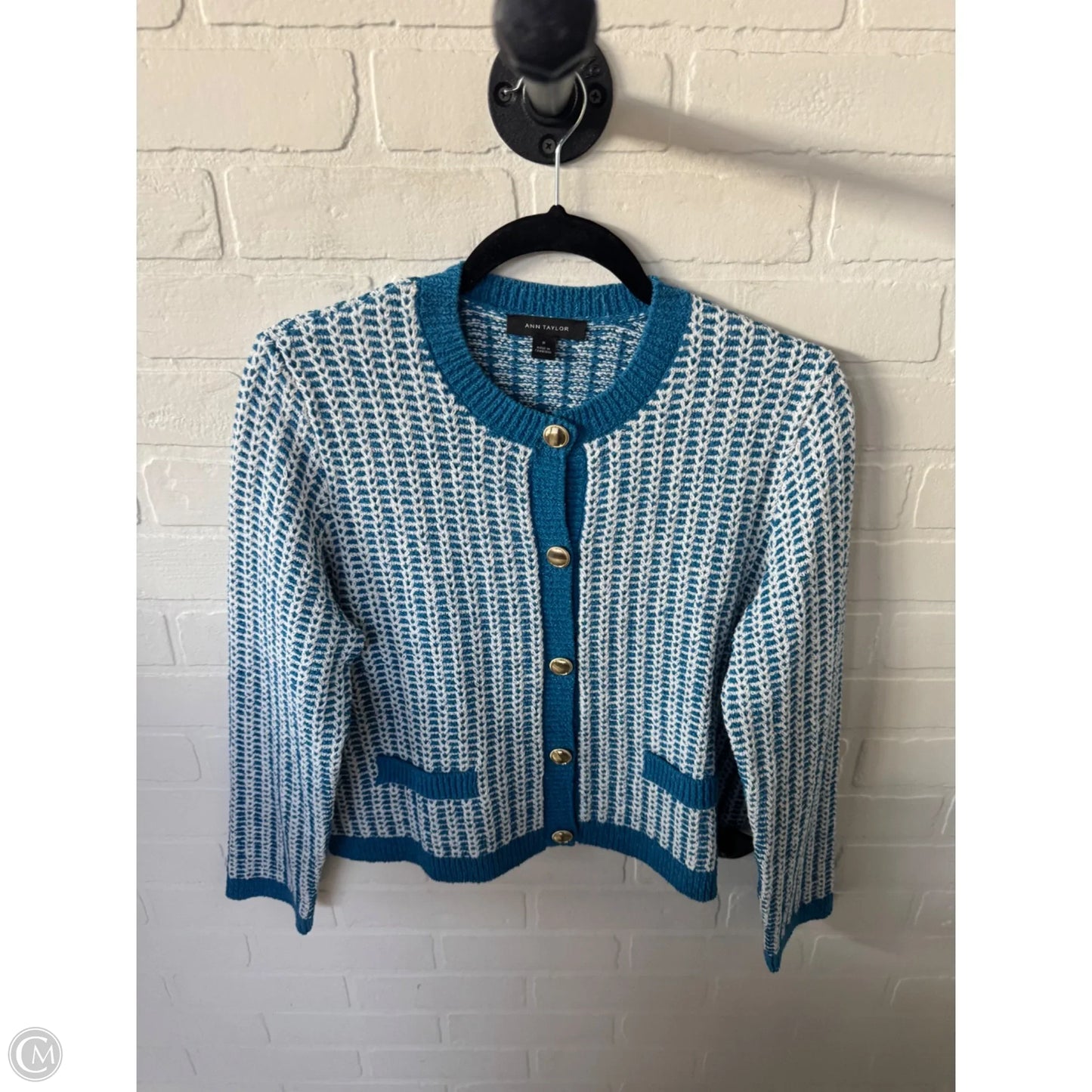 Sweater Cardigan By Ann Taylor In Blue & White, Size: M