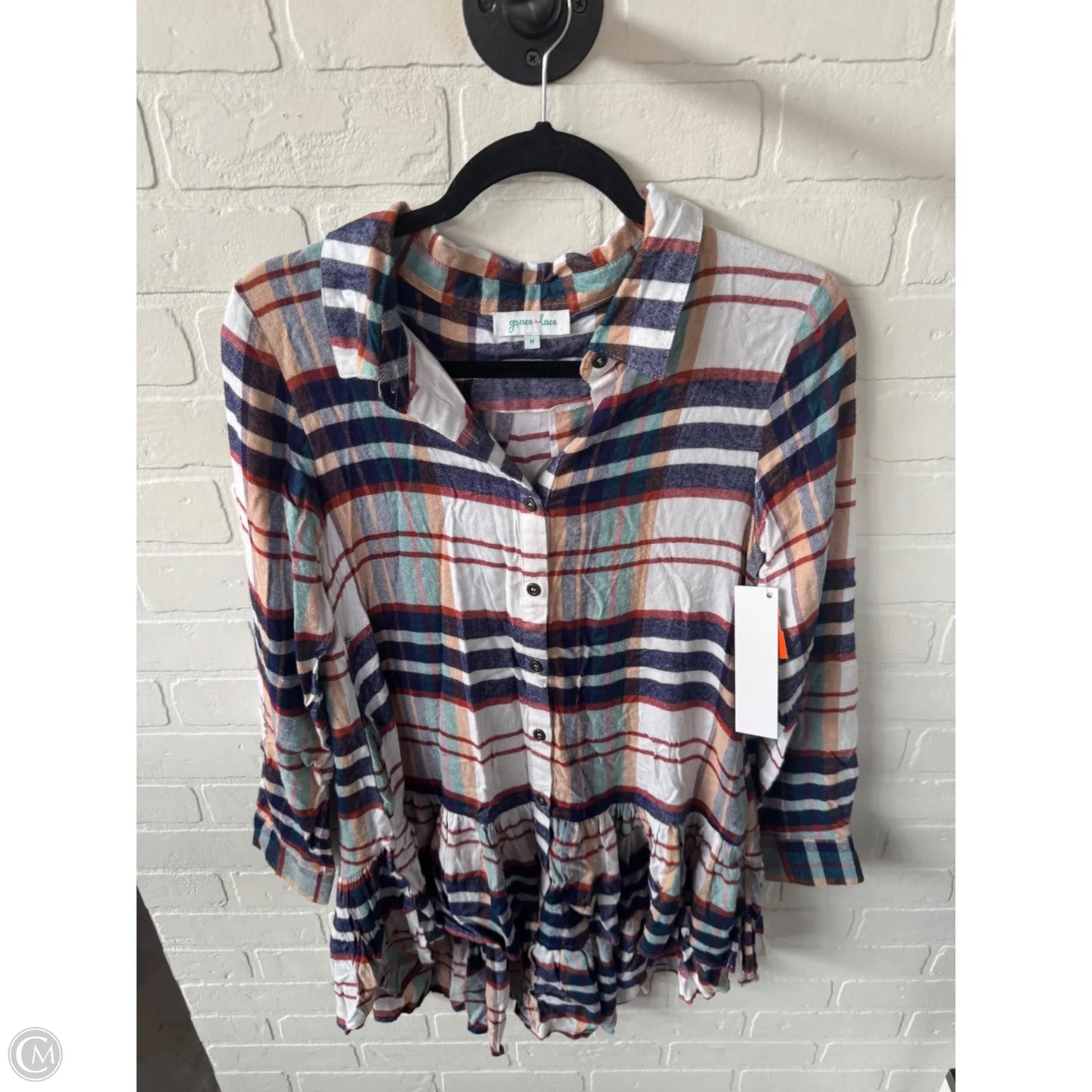 Tunic Long Sleeve By Grace & Lace In Blue & White, Size: M
