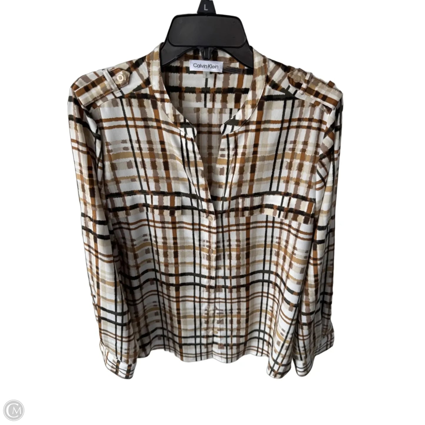 Top Long Sleeve By Calvin Klein In Brown & White, Size: L