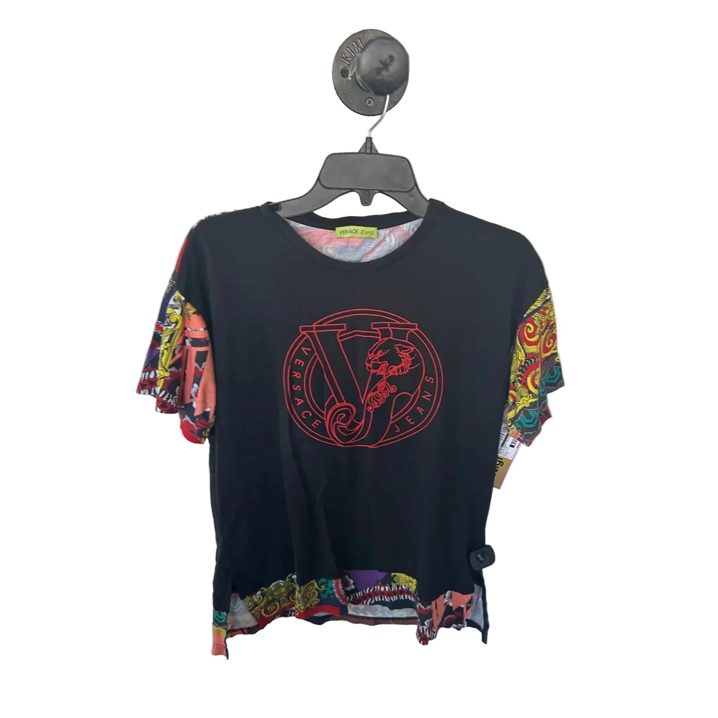 Top Short Sleeve Luxury Designer By Versace In Black & Red, Size: S