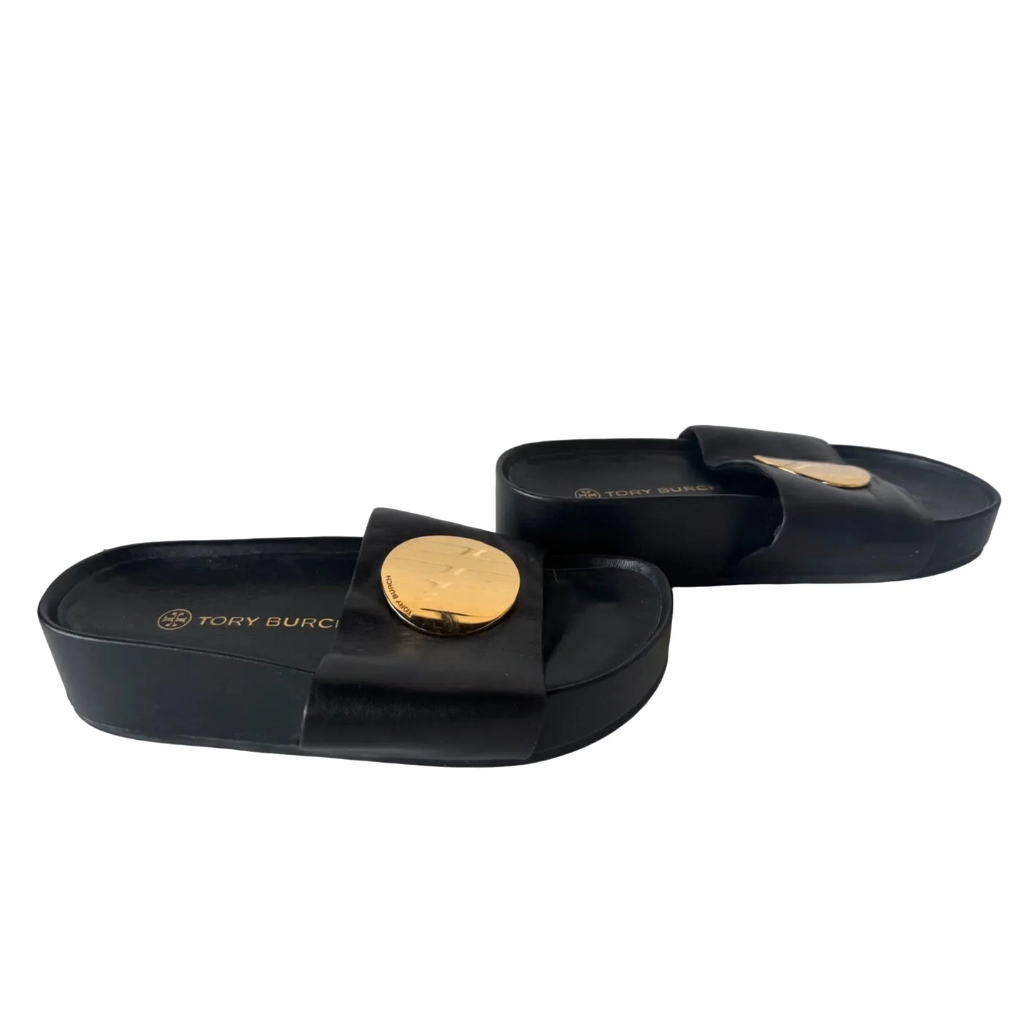 Sandals Designer By Tory Burch In Black & Gold, Size: 6.5
