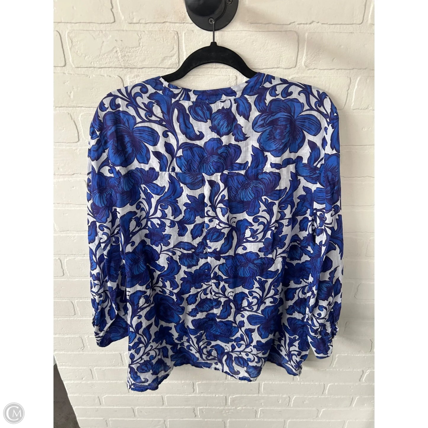 Top Long Sleeve Designer By Johnny Was In Blue & White, Size: L