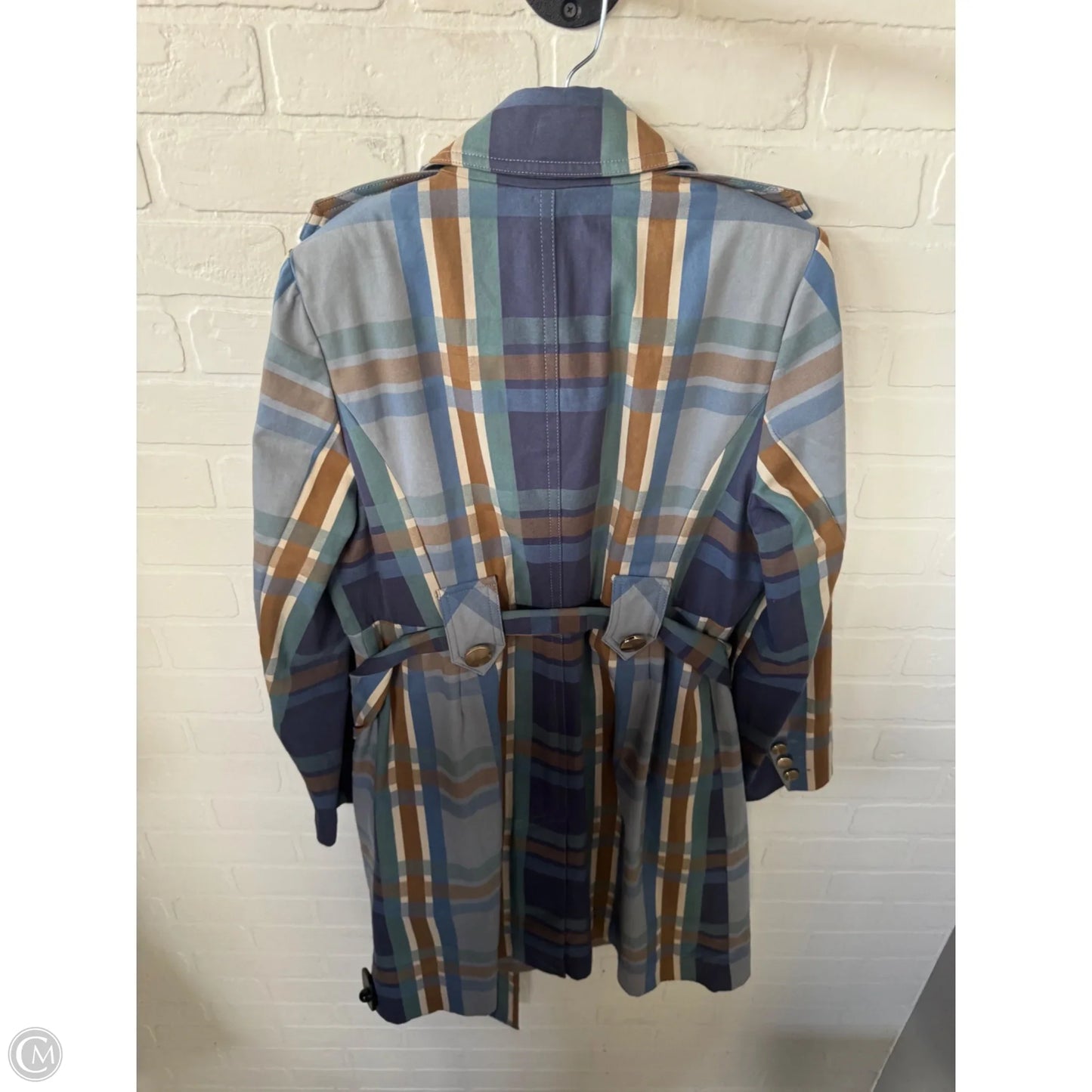 Coat Trench Coat By Cabi In Blue & Brown, Size: M