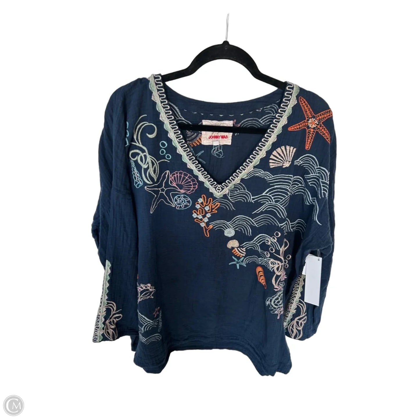 Top Long Sleeve Designer By Johnny Was In Blue & Cream, Size: Xxl