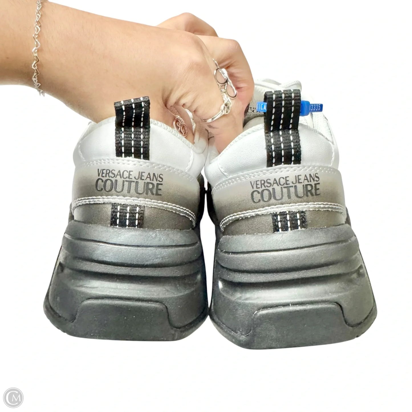 Shoes Luxury Designer By Versace In Black & White, Size: 8.5