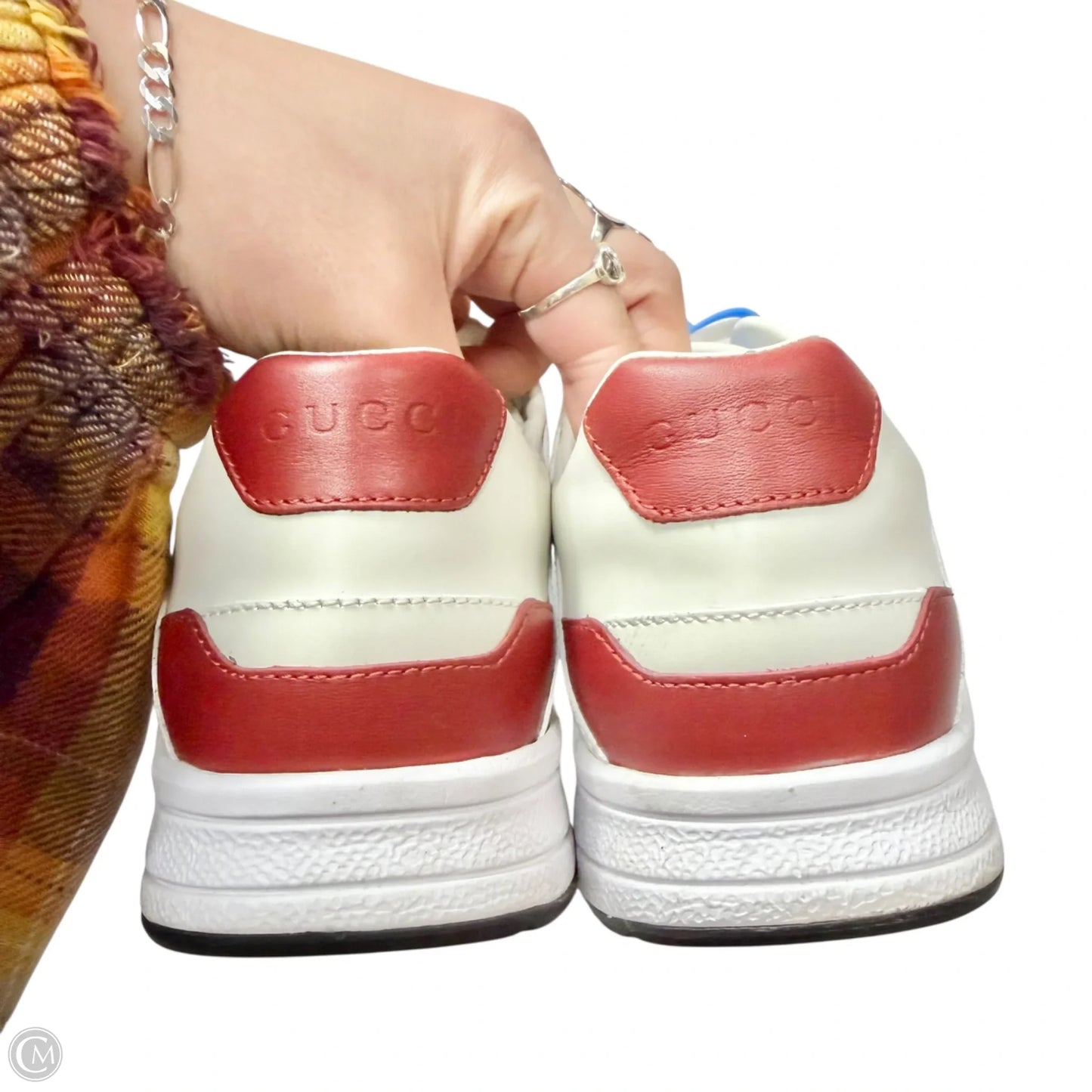 Shoes Luxury Designer By Gucci In Red & White, Size: 5.5