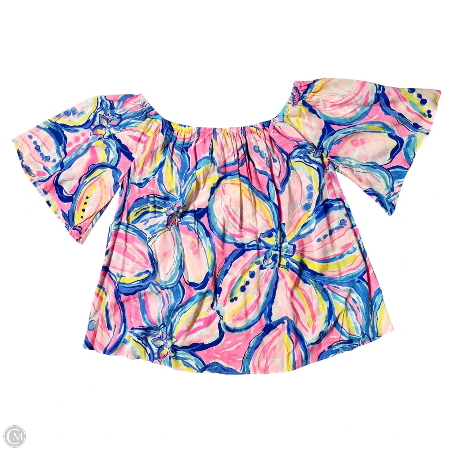 Top Short Sleeve Designer By Lilly Pulitzer In Blue & Pink, Size: M