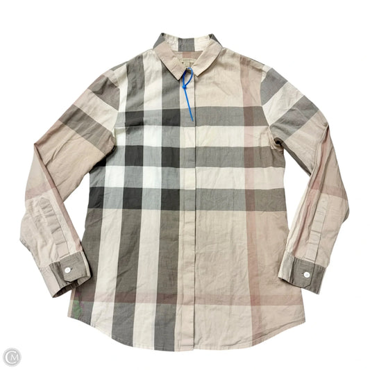 Top Long Sleeve Luxury Designer By Burberry In Plaid Pattern, Size: Xs