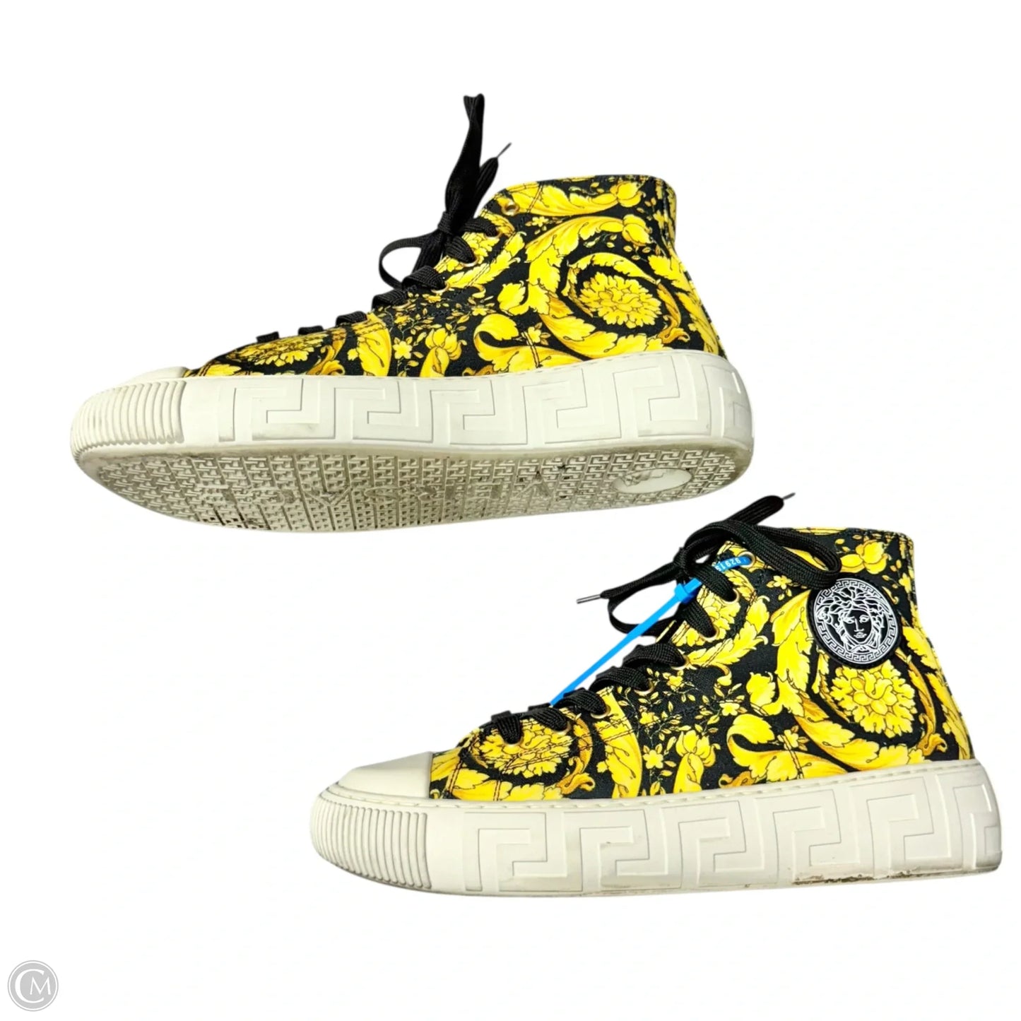 Shoes Luxury Designer By Versace In Black & Yellow, Size: 11.5