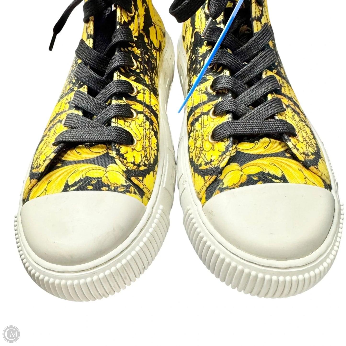 Shoes Luxury Designer By Versace In Black & Yellow, Size: 11.5