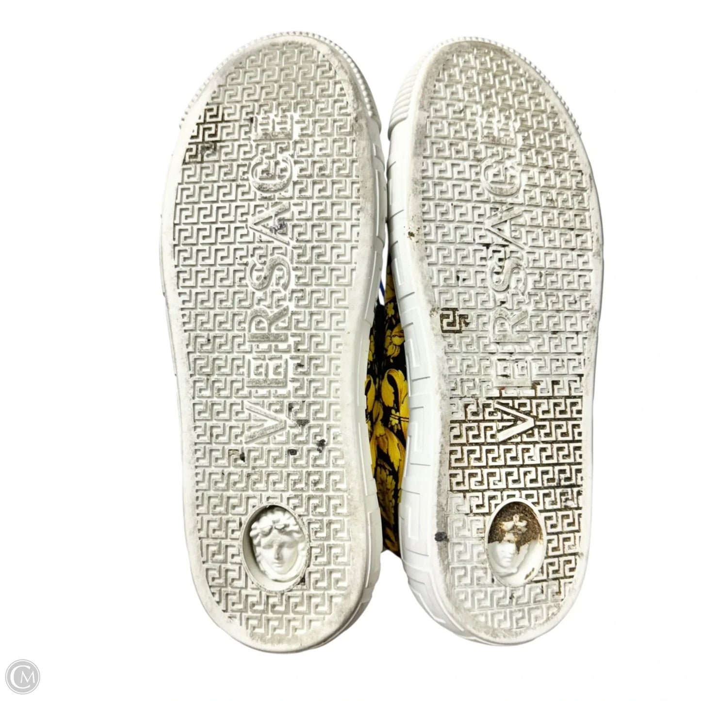 Shoes Luxury Designer By Versace In Black & Yellow, Size: 11.5