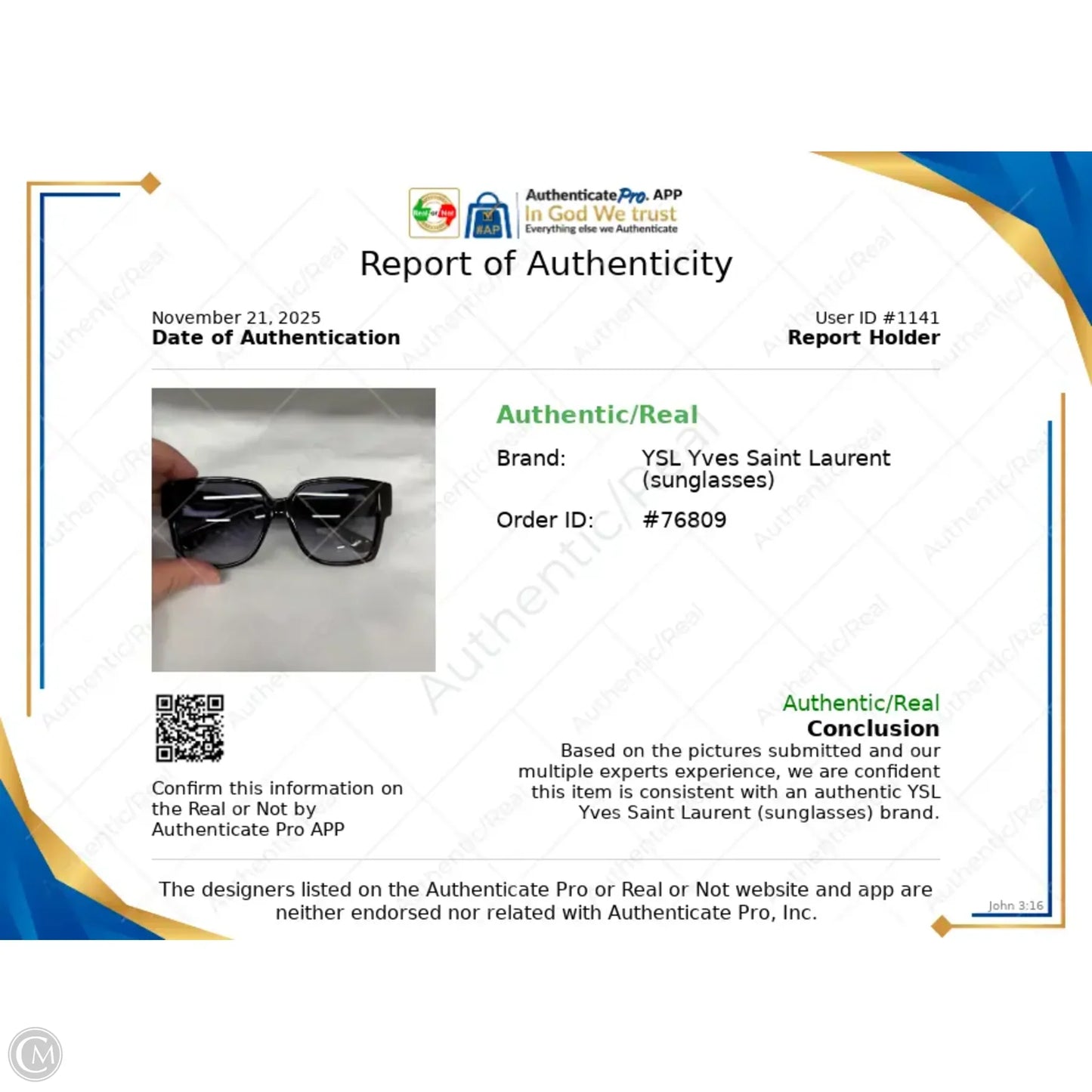 Sunglasses Luxury Designer By Yves Saint Laurent