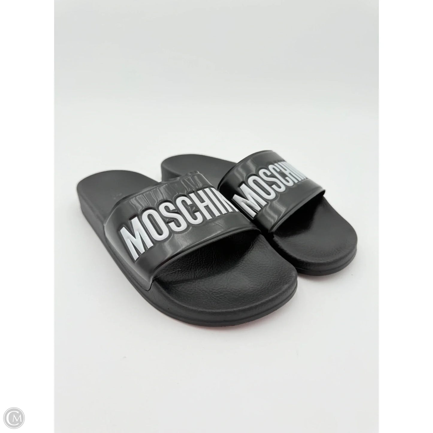 Sandals Luxury Designer By Moschino In Black, Size: 10