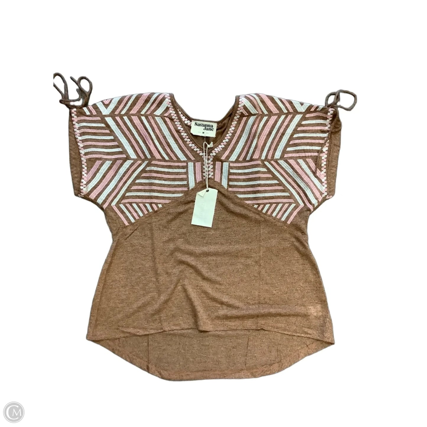 Top Short Sleeve By Savanna Jane In Brown & Pink
