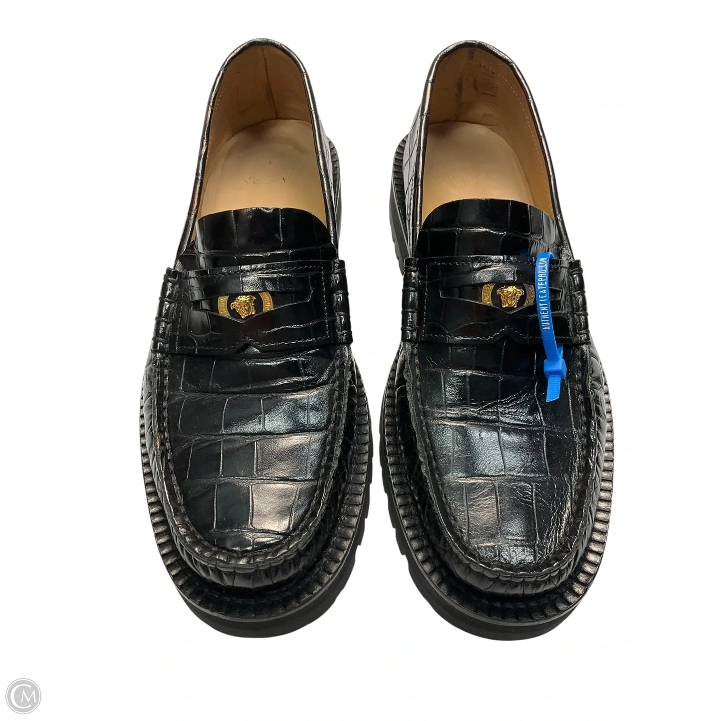 Shoes Luxury Designer By Versace In Black, Size: 8.5