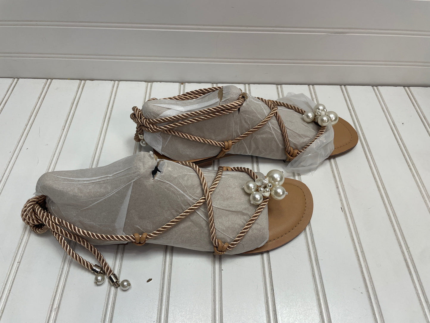 Tan Sandals Flats Inc, Size 10
