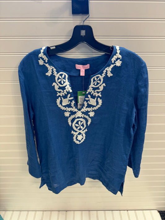 Top Long Sleeve Designer By Lilly Pulitzer In Blue & White, Size: S