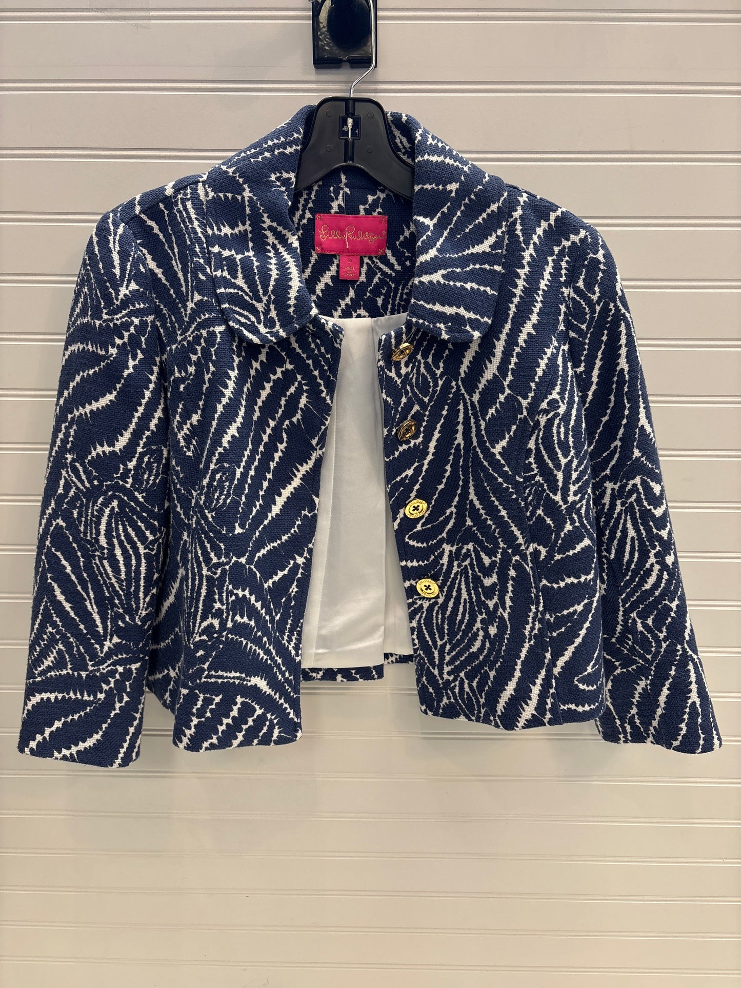 Blazer Designer By Lilly Pulitzer In Blue & White, Size: 0