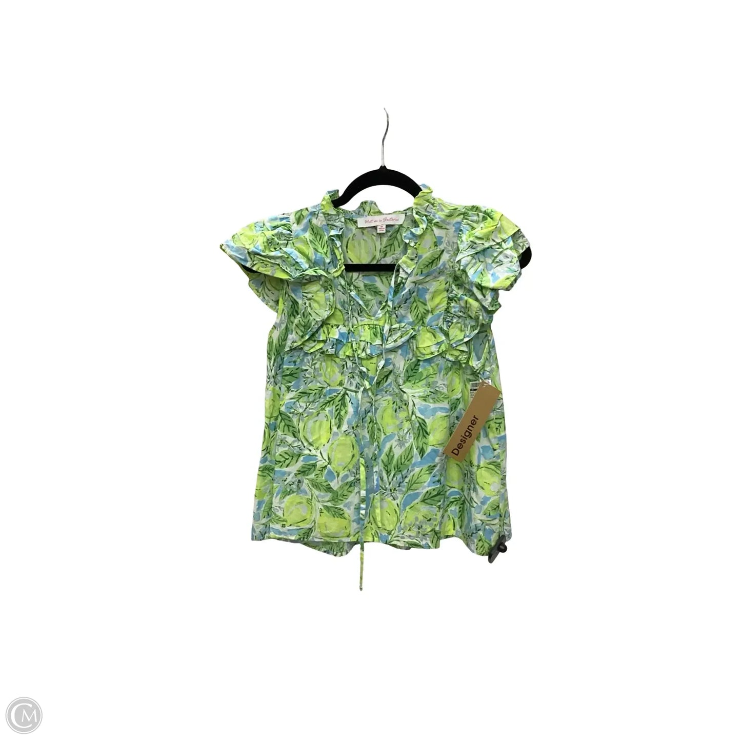 Designer Blouse Short Sleeve By Meet me in Santorini In Blue & Green, Size: M