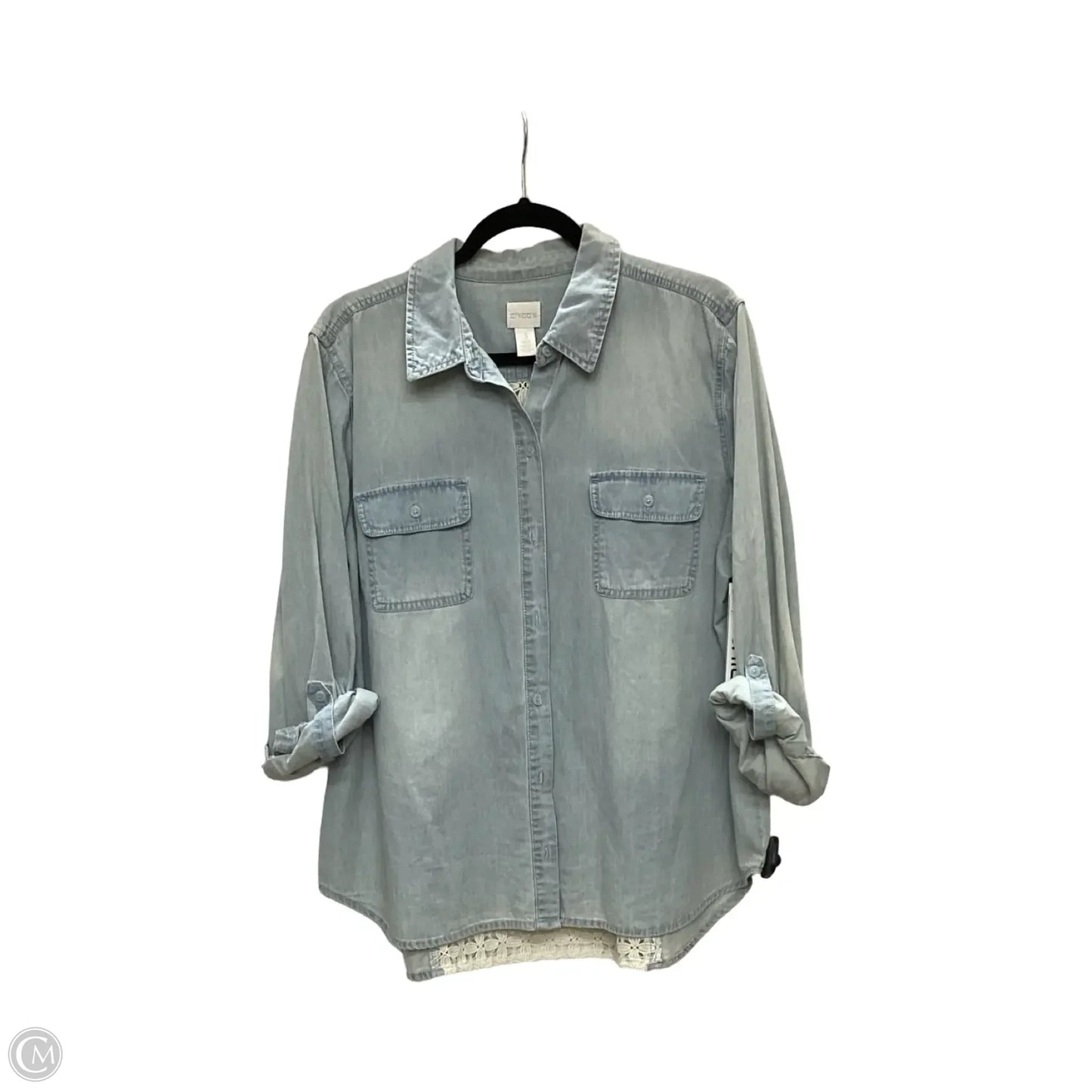 Blouse Long Sleeve By Chicos In Blue Denim, Size: Xl
